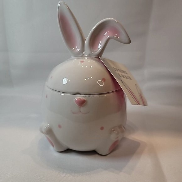 White Rabbit w/ Pink Spots Small Ceramic Jar Cookie Snack Storage - Picture 1 of 5